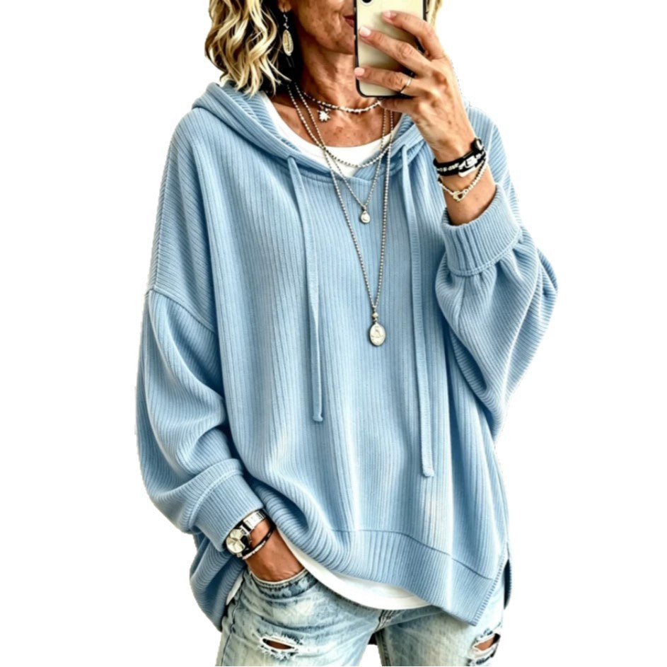 Women Ribbed Knit Drawstring Hoodie, Long Sleeve Drop Shoulder Slit Hem Loose Casual Sweatshirt