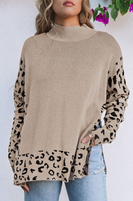 Leopard Mock Neck Side Slit Sweater