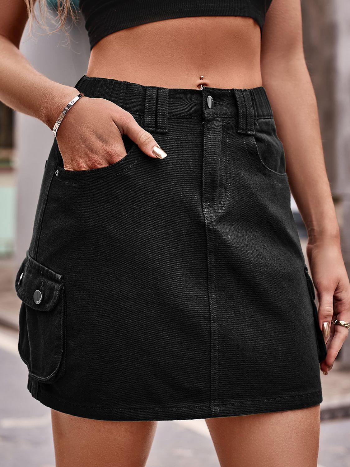 Denim Mini Skirt with Pockets See size chart under “more details”