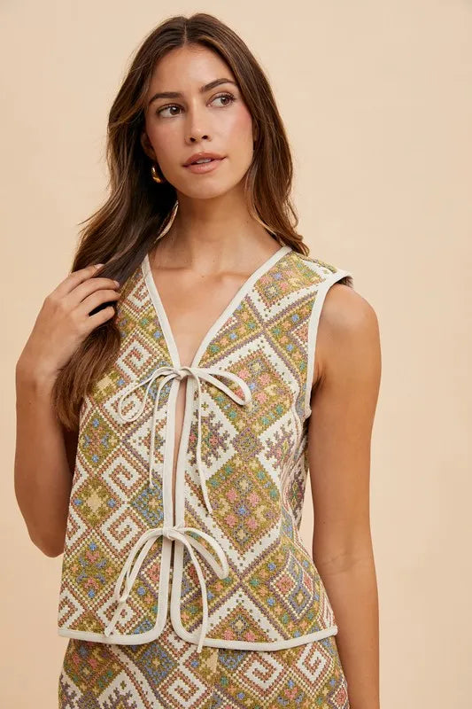 Ethnic Woven Jacquard Tie Front Vest