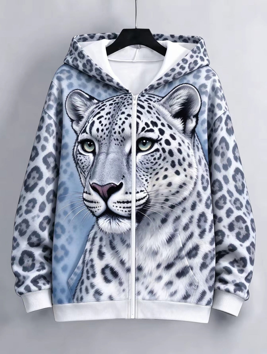 Women's European American Style Zip Up Hooded Cardigan Sweatshirt, Big Face Animal Print, All Over Leopard Print, Loose Casual Trendy Jacket