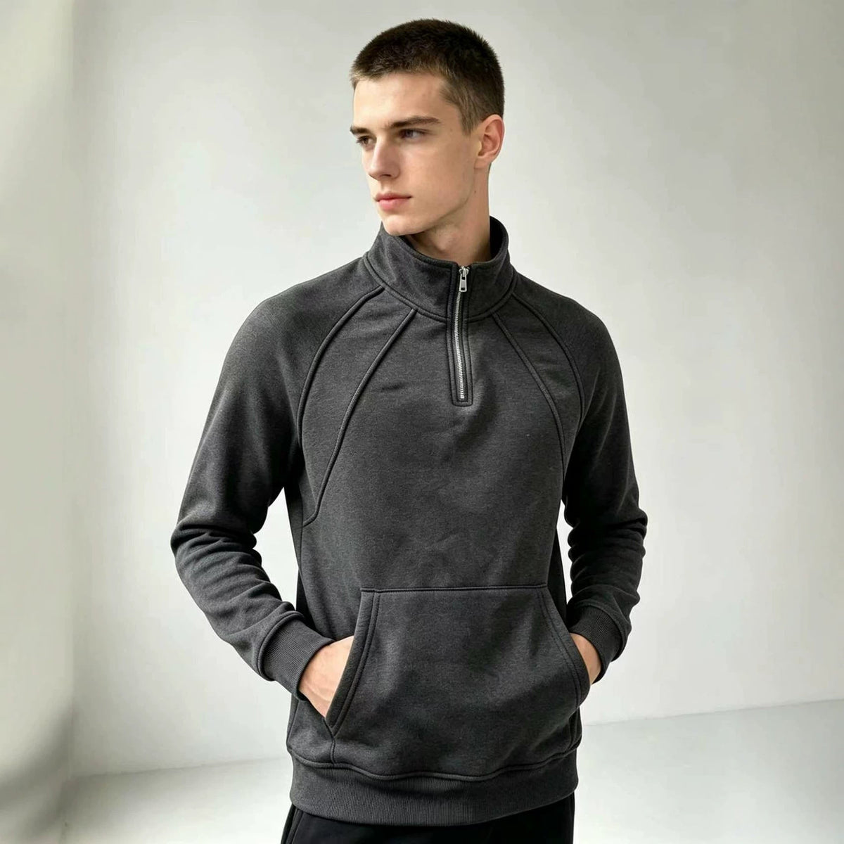 Mens Casual Zippered Fleece Pullover Sweatshirt