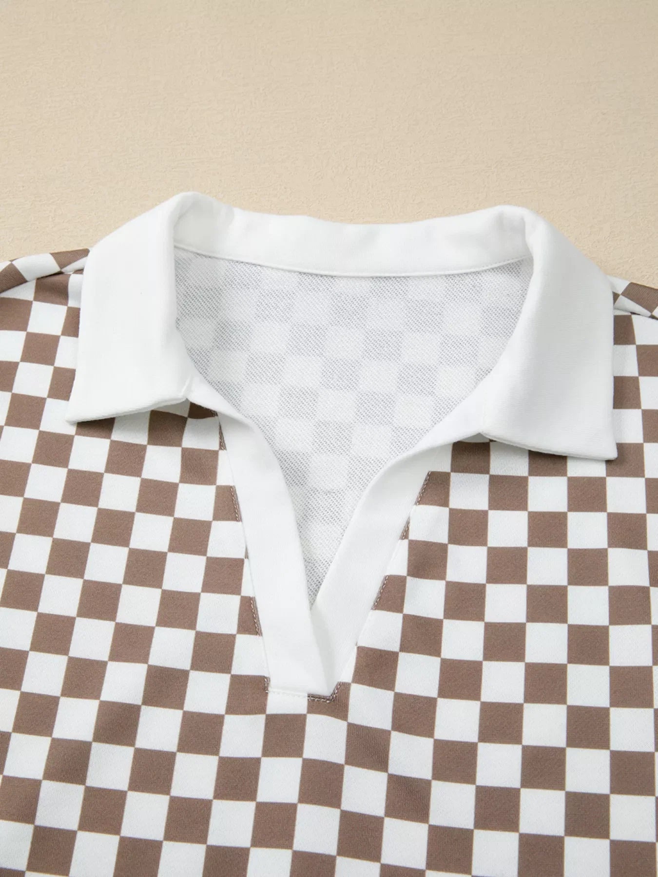Checkered Print Polo Collar Cropped Long Sleeve Top and Drawstring Mini Skirt Set