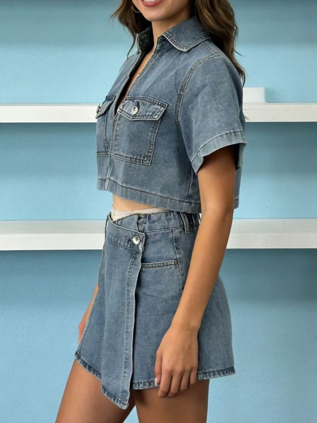 Short Sleeve Cropped Top and Skort Denim Set