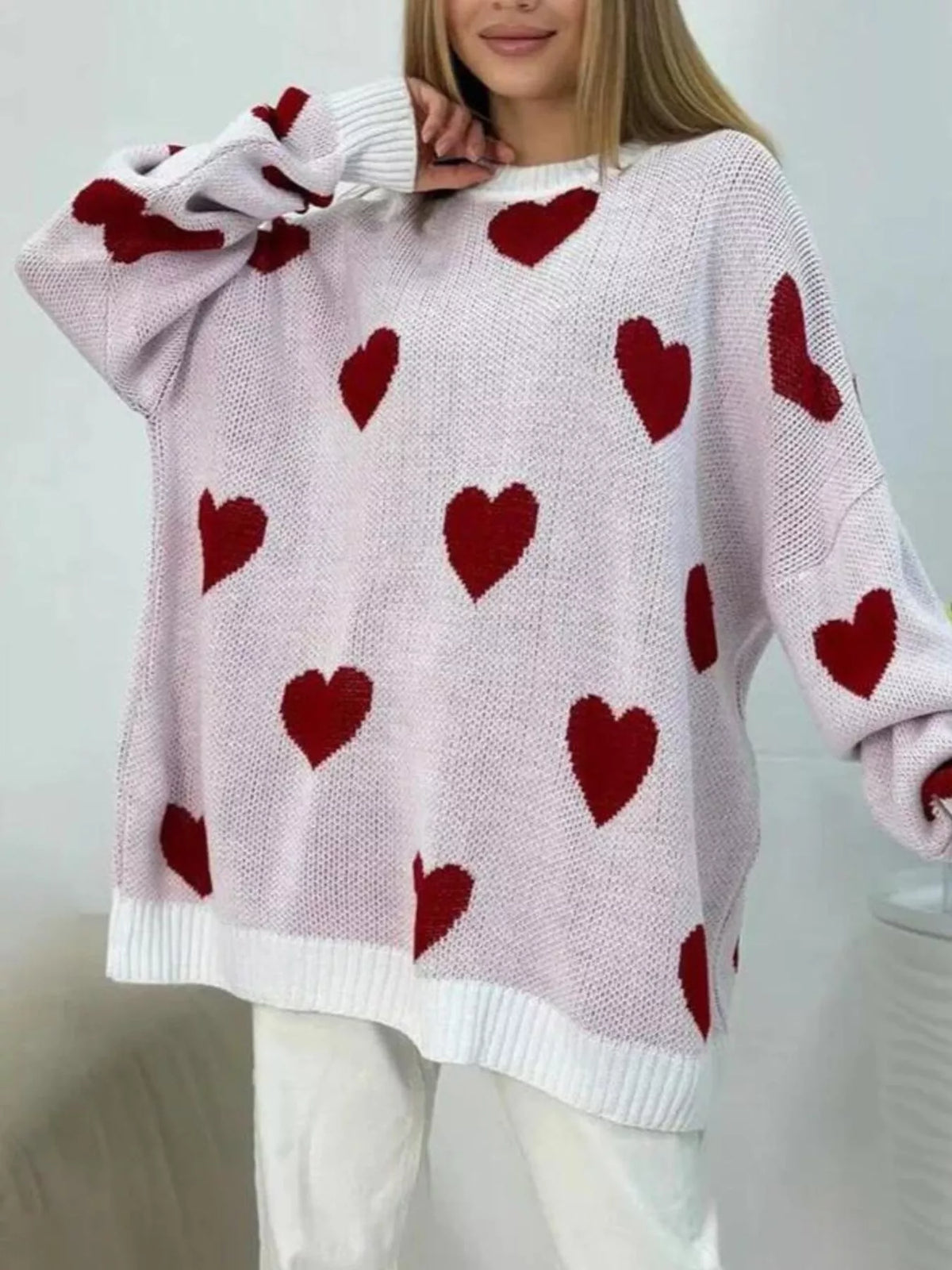 Heart Round Neck Oversized Knit Sweater