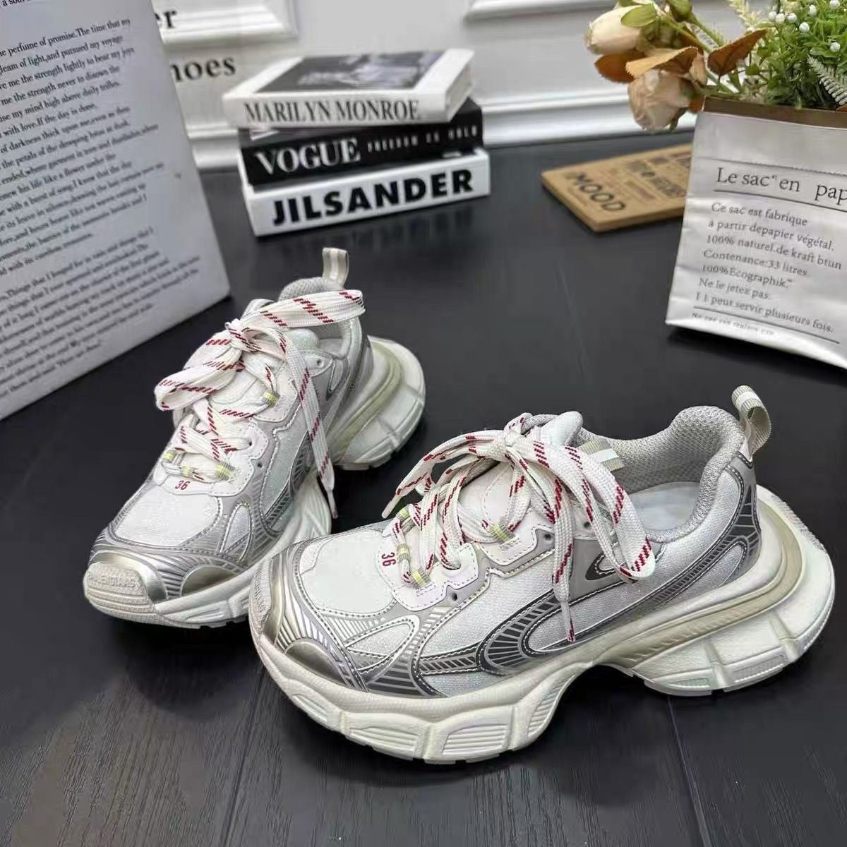 Women Sequin Dad Sneakers, Thick Platform Wing-tip Casual Dirty Shoes