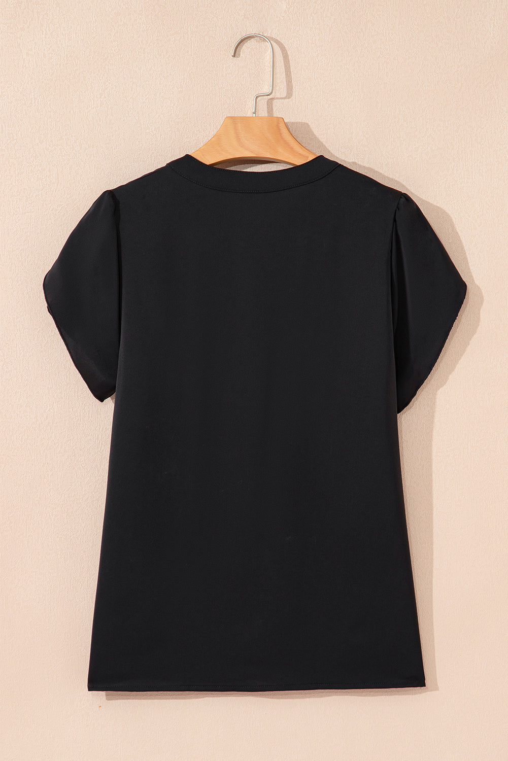 Rose Red Silky Notched Neckline Petal Sleeve Blouse