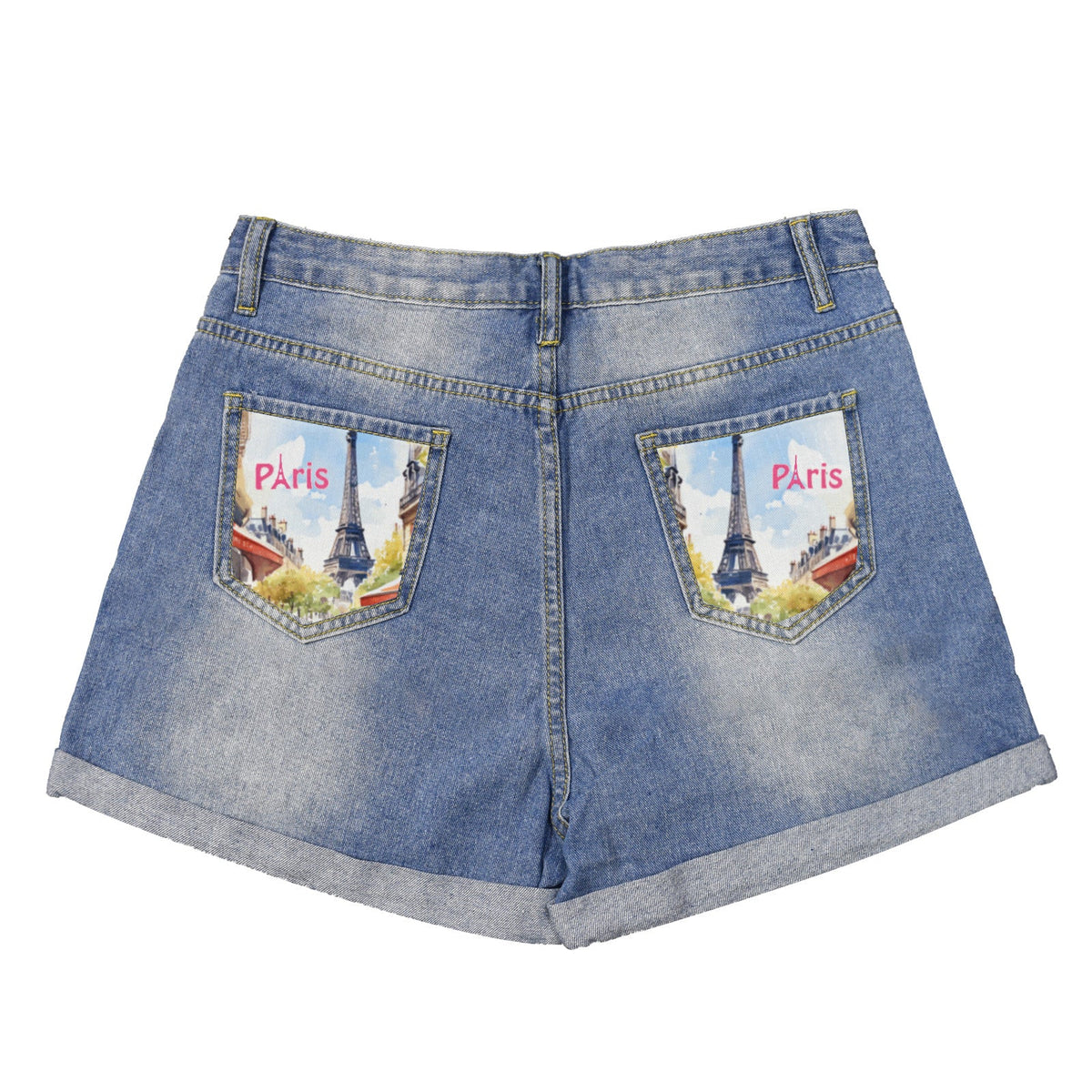 Eiffel Tower in Paris Light Blue Denim Shorts with Dual Pockets Design