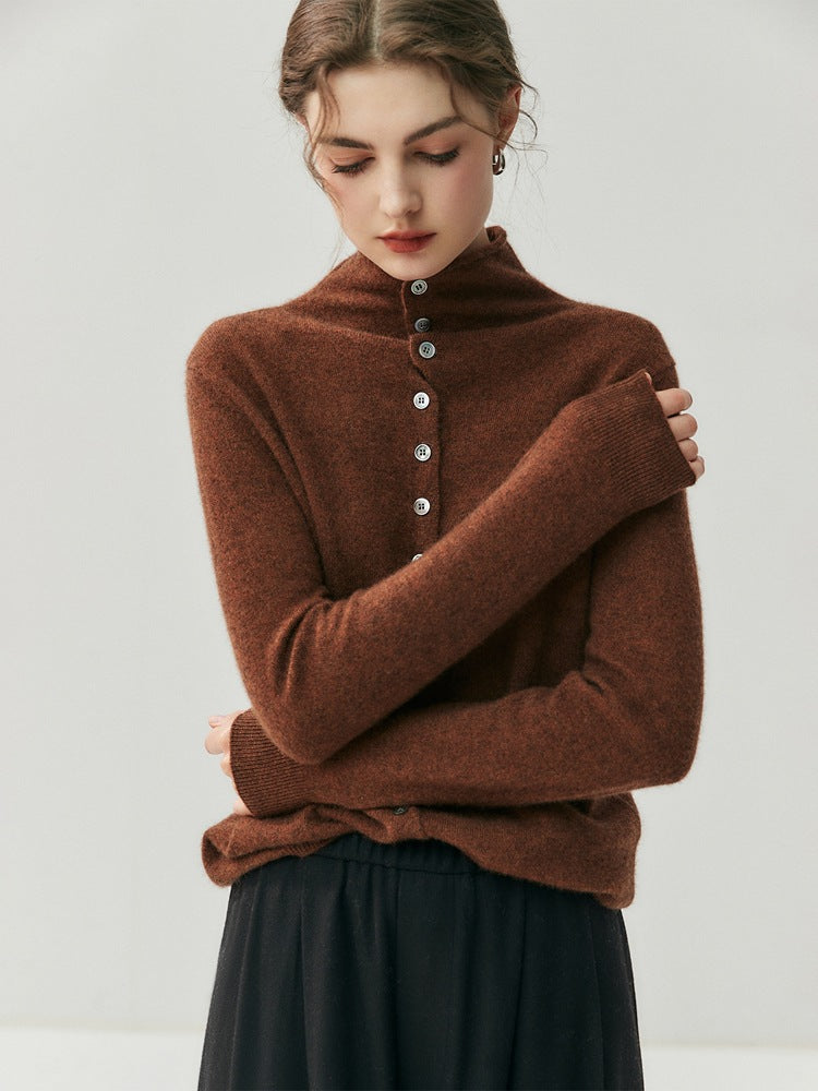 2-Way Convertible High-Neck Buttoned Knit Sweater