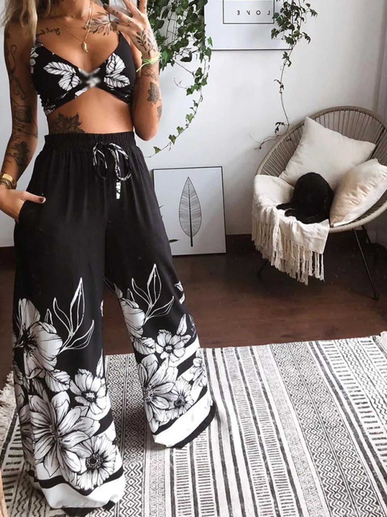 Conjunto de Top y Pantalones con Estampado Mariposa Bohemio