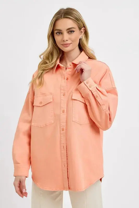Women's Shacket Plus Size Denim Shacket - Button Down - Casual Long Sleeve
