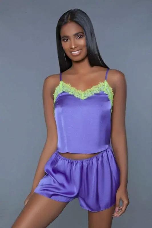 Conjunto de lencería - Satén morado/Amarillo neón - Callie