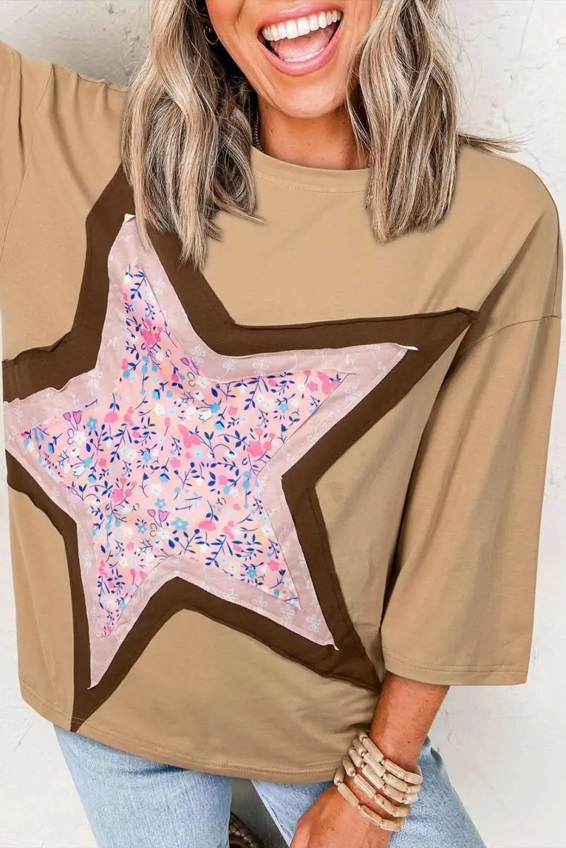 Tops/Long Sleeve Tops Love Salve Camel Floral Star Top Women's Casual 3/4 Sleeve Spring Top: Craft Applique