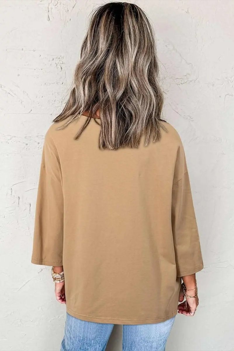Tops/Long Sleeve Tops Love Salve Camel Floral Star Top Women's Casual 3/4 Sleeve Spring Top: Craft Applique
