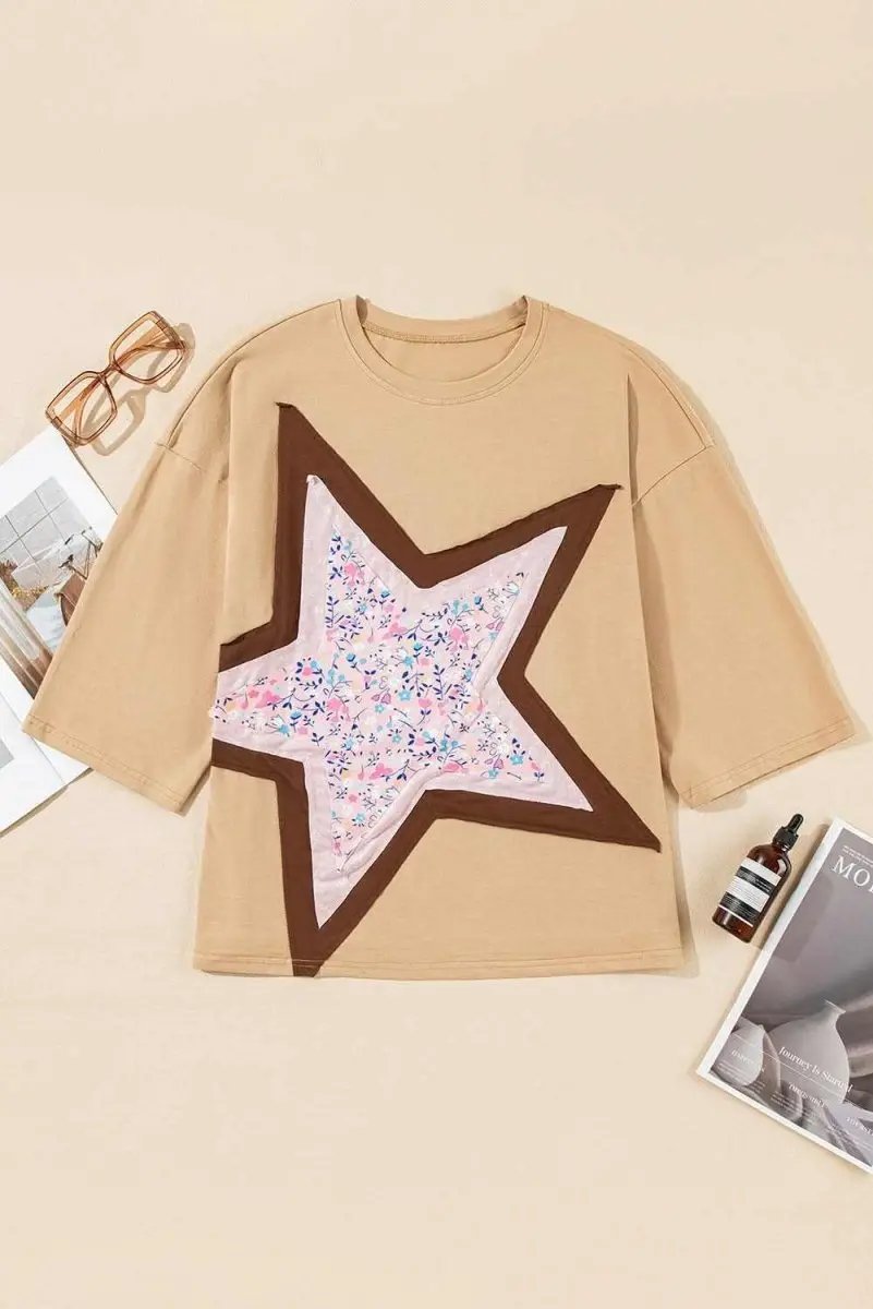 Tops/Long Sleeve Tops Love Salve Camel Floral Star Top Women's Casual 3/4 Sleeve Spring Top: Craft Applique