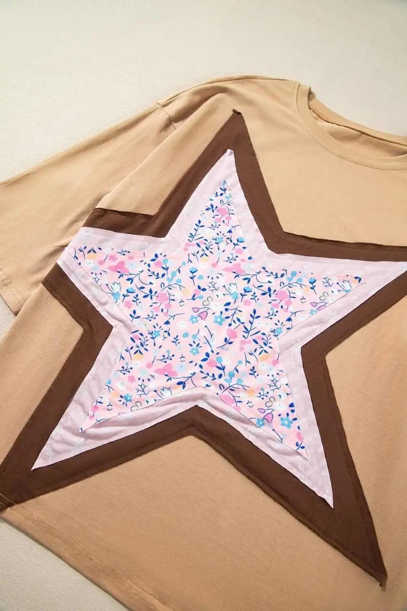 Tops/Long Sleeve Tops Love Salve Camel Floral Star Top Women's Casual 3/4 Sleeve Spring Top: Craft Applique