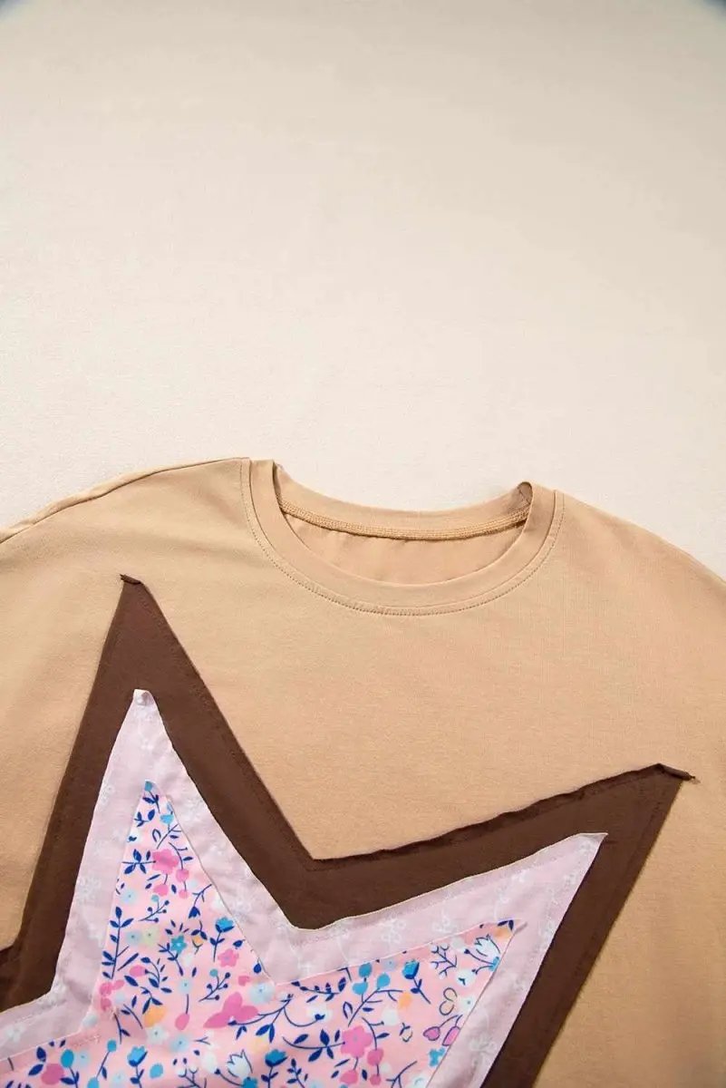 Tops/Long Sleeve Tops Love Salve Camel Floral Star Top Women's Casual 3/4 Sleeve Spring Top: Craft Applique