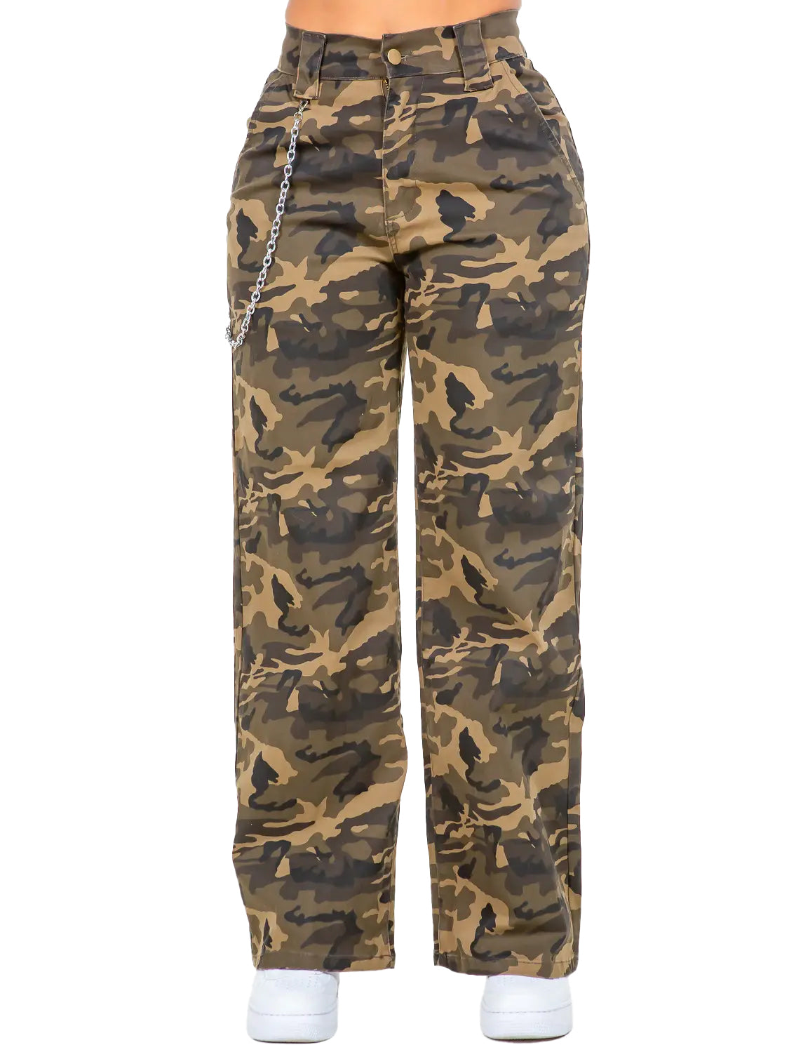 Pantalones Anchos Camuflados de Tiro Alto con Cadena Removible