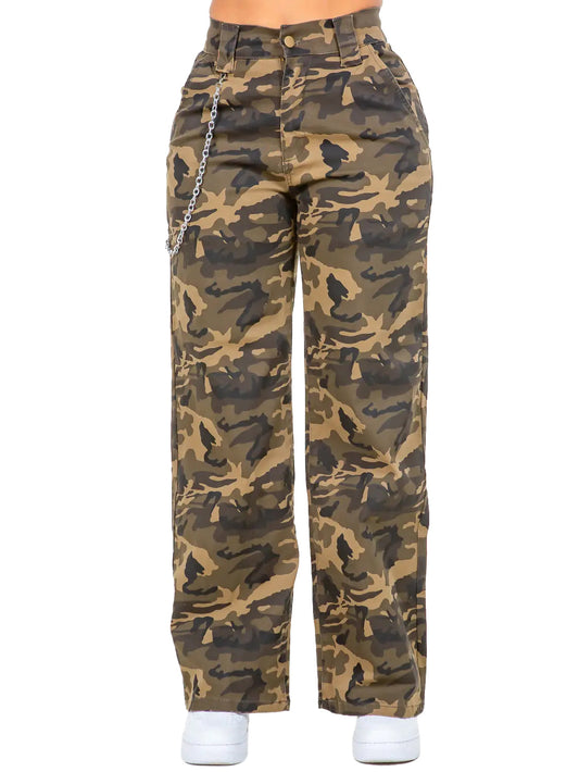 Pantalones Anchos Camuflados de Tiro Alto con Cadena Removible