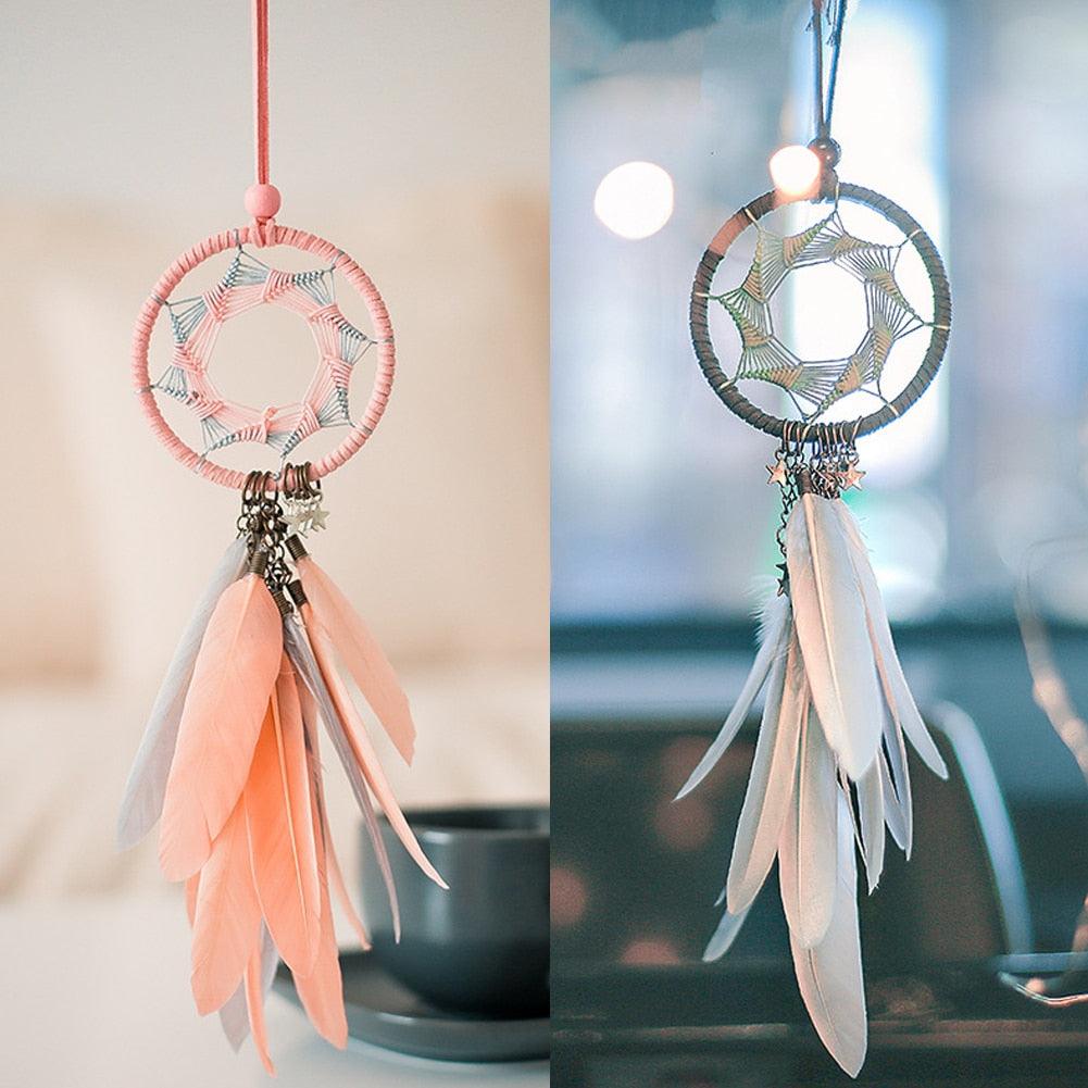 Car Interior Rear-view Mirror Hanging Decor  Small Dream Catcher Boho Nature Feather Home Decor Handmade Grids Nature Feather Car Charms Pendant Accessories Gift