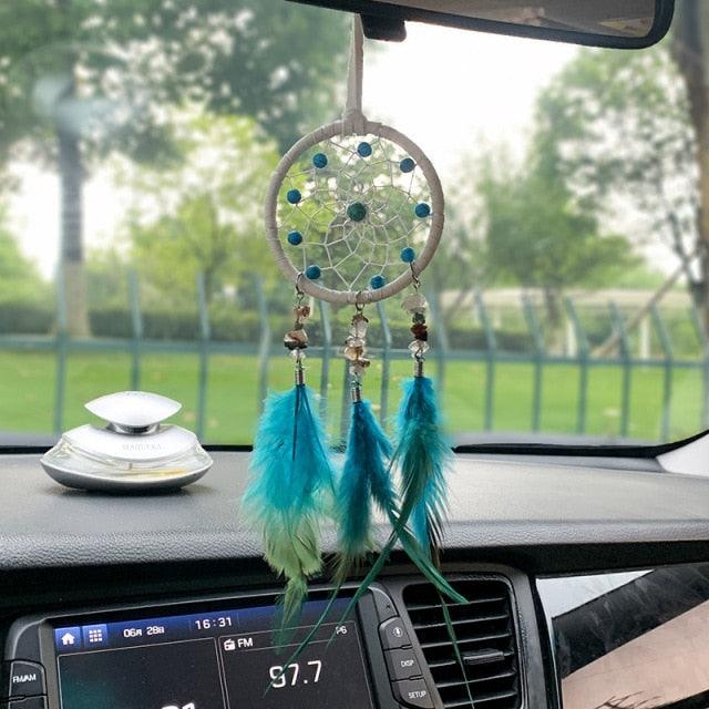 Car Interior Rear-view Mirror Hanging Decor  Small Dream Catcher Boho Nature Feather Home Decor Handmade Grids Nature Feather Car Charms Pendant Accessories Gift