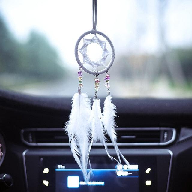 Car Interior Rear-view Mirror Hanging Decor  Small Dream Catcher Boho Nature Feather Home Decor Handmade Grids Nature Feather Car Charms Pendant Accessories Gift