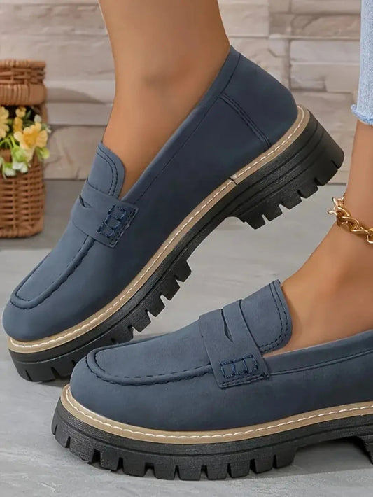Zapatos casuales de mujer estilo británico, con acabado arenado, tacón grueso y diseño retro
