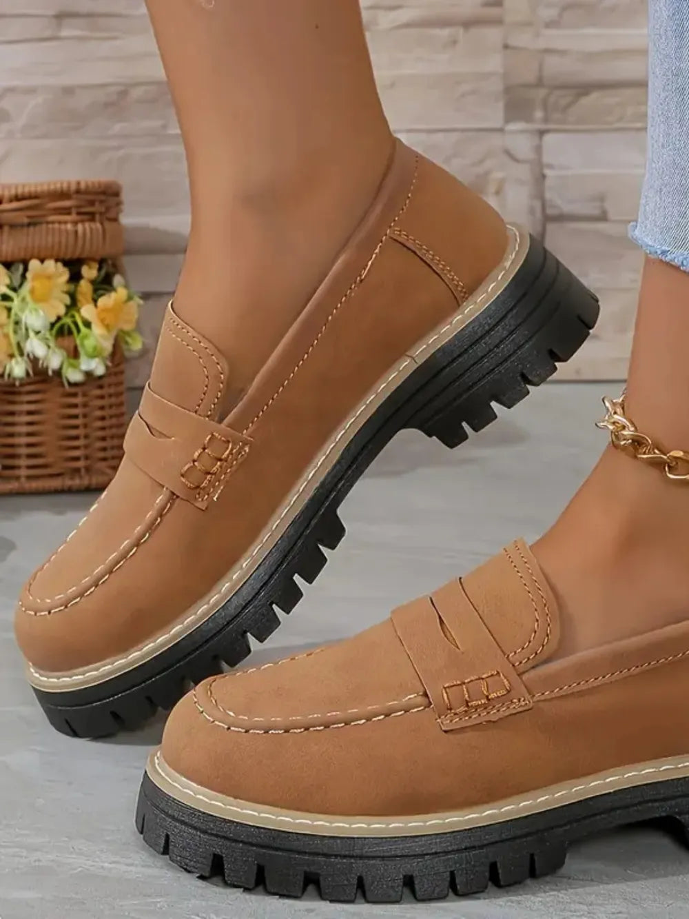 Zapatos casuales de mujer estilo británico, con acabado arenado, tacón grueso y diseño retro