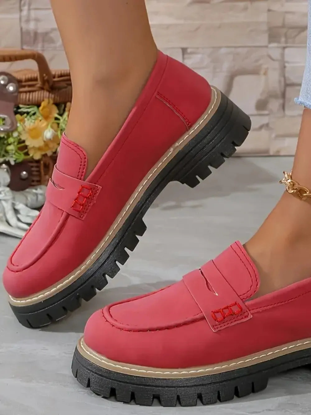 Zapatos casuales de mujer estilo británico, con acabado arenado, tacón grueso y diseño retro