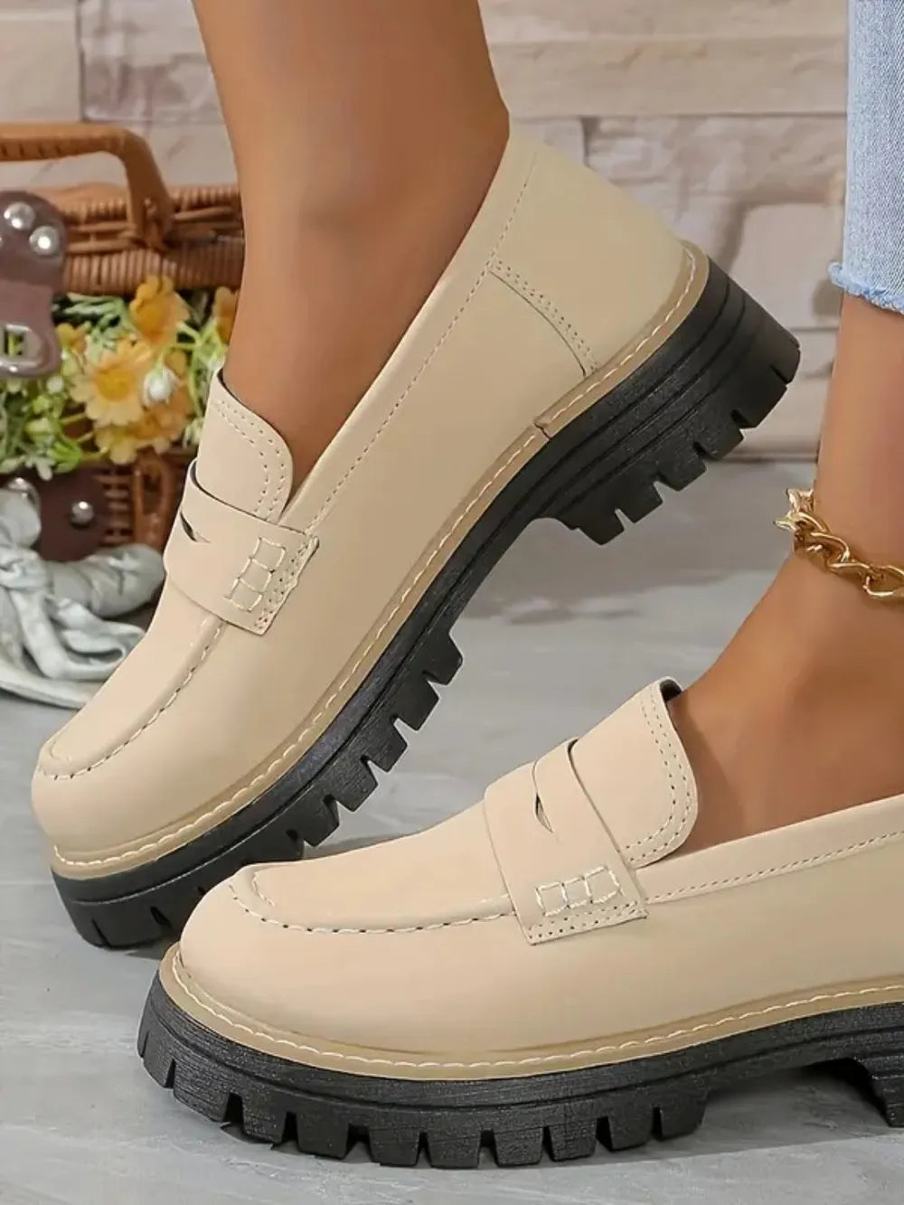 Zapatos casuales de mujer estilo británico, con acabado arenado, tacón grueso y diseño retro
