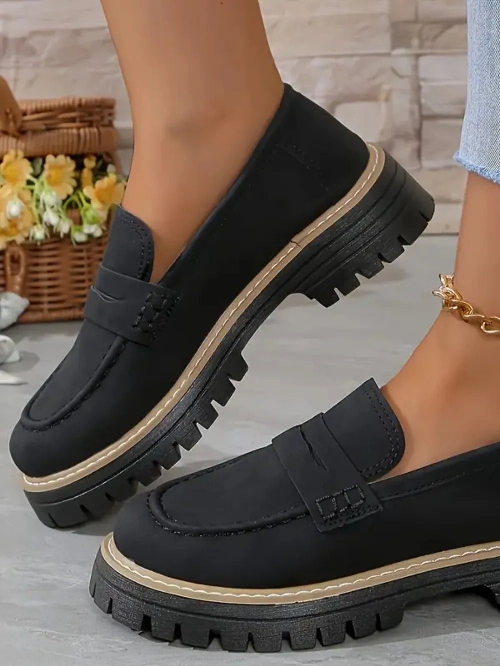 Zapatos casuales de mujer estilo británico, con acabado arenado, tacón grueso y diseño retro