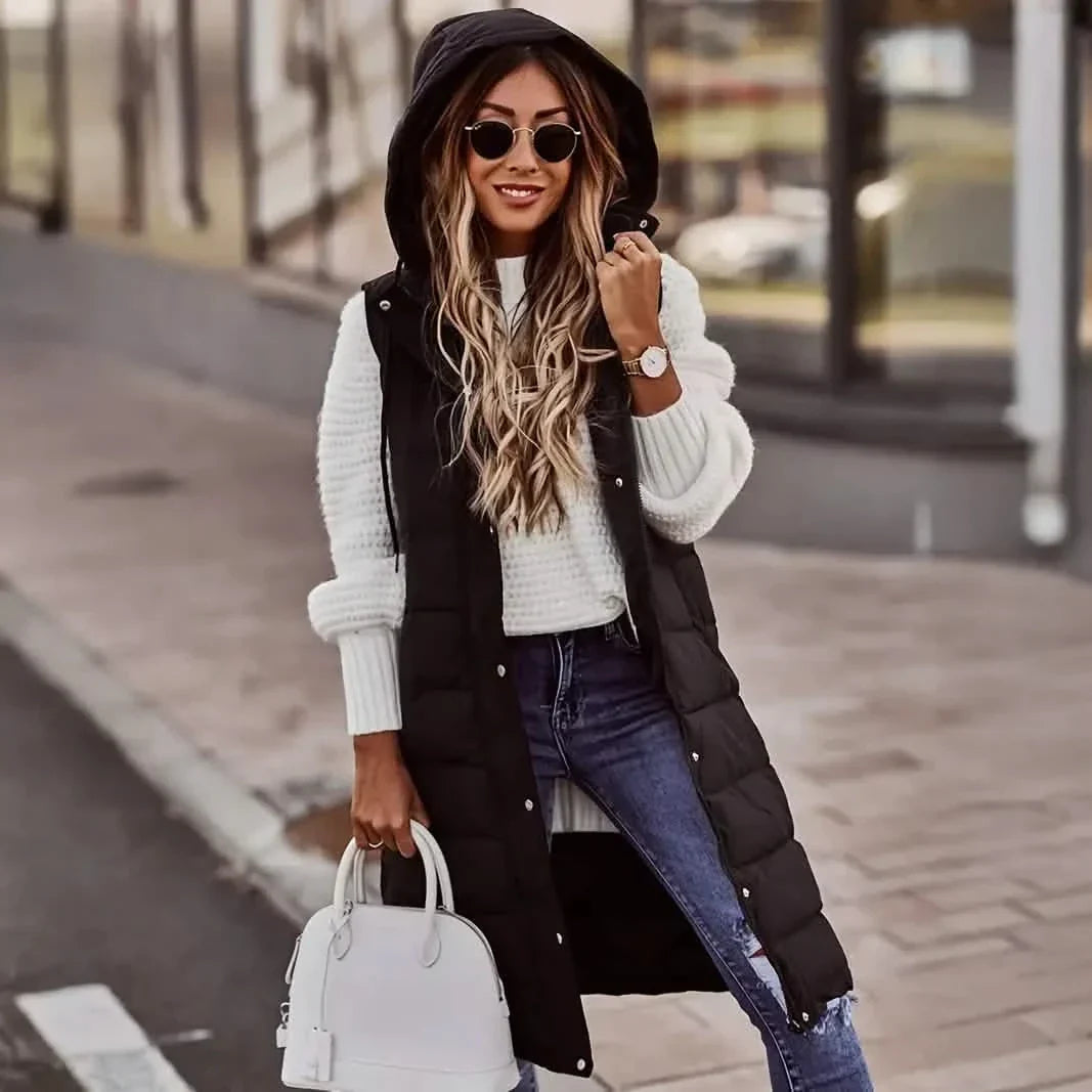 Casual Sleeveless Long Button Front Hooded Coat Outerwear