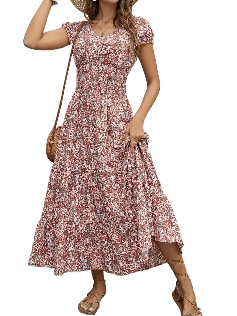 Dusty Pink Floral Boho Chic V-neck Midi Dress For Women