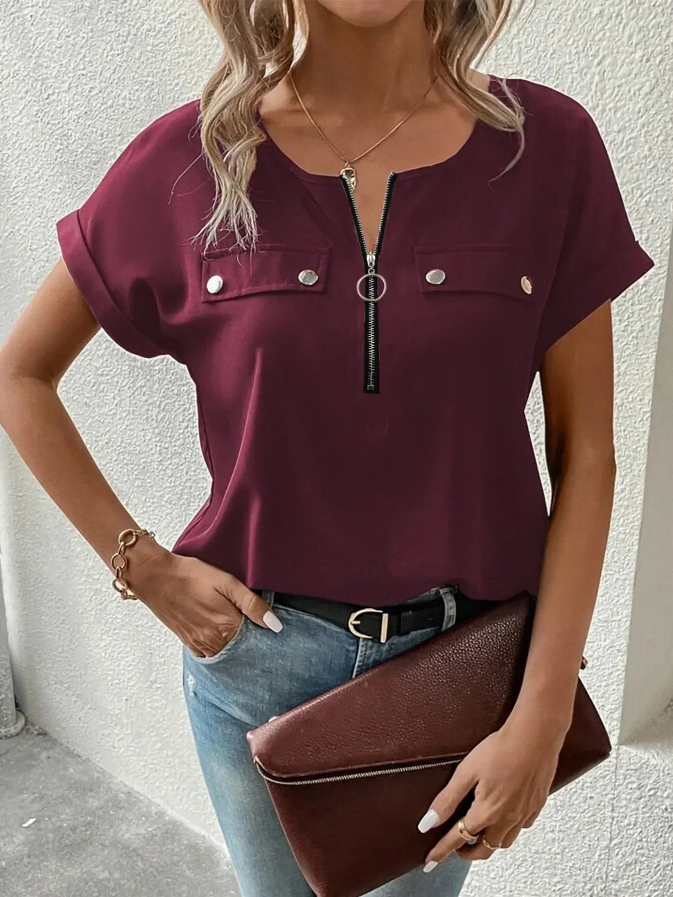 Casual Zipper Front Short Sleeve Blouse