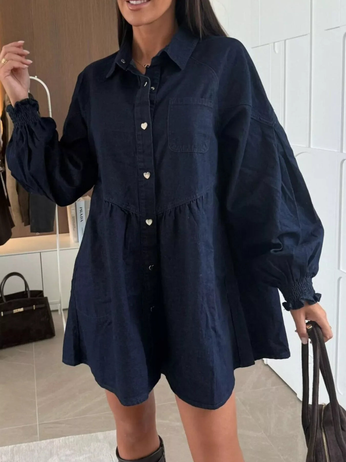 Button Down Mini Denim Dress with Front Pockets