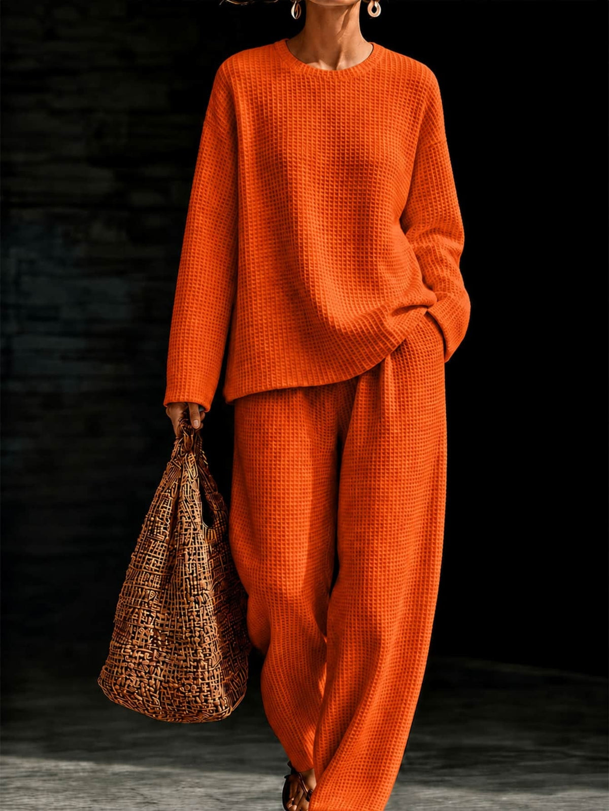 Women's Waffle Knit Oversized Crew-Neck Pullover & Relaxed Wide-Leg Trouser Lounge Co-ord Set