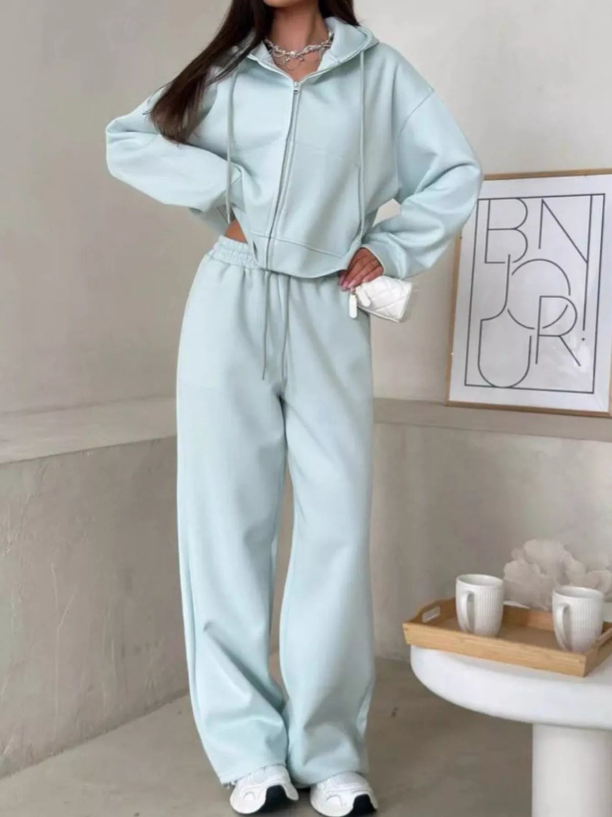 Zip-Up Hoodie and Wide-Leg Pants Set