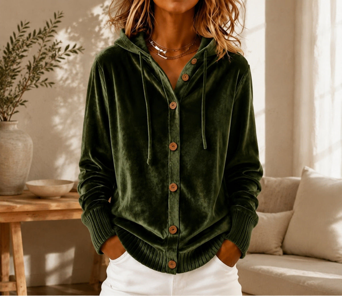 Buttoned Velvet Hooded Cardigan Solid-Color Coat For Women