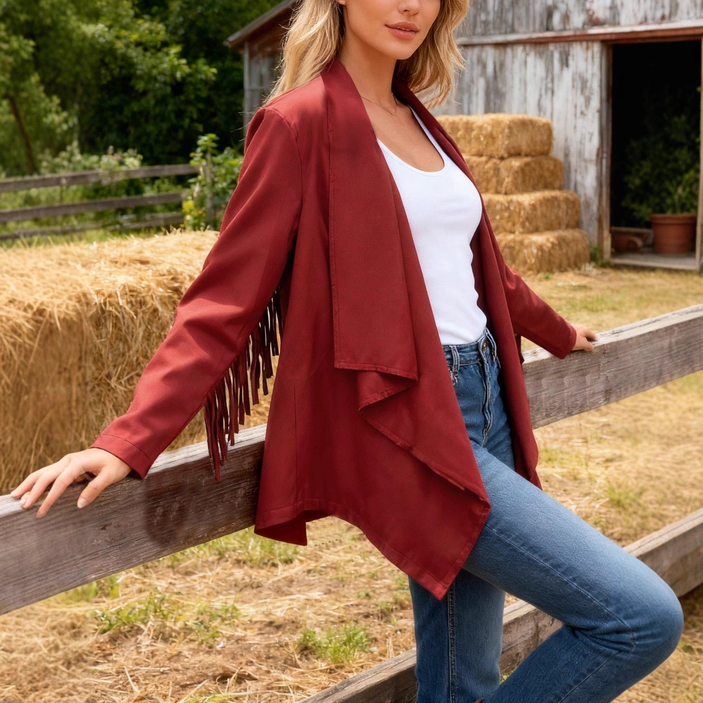 Women's Loose Long Sleeved Tassel V-neck Temperament Concert Cardigan Top Jacket