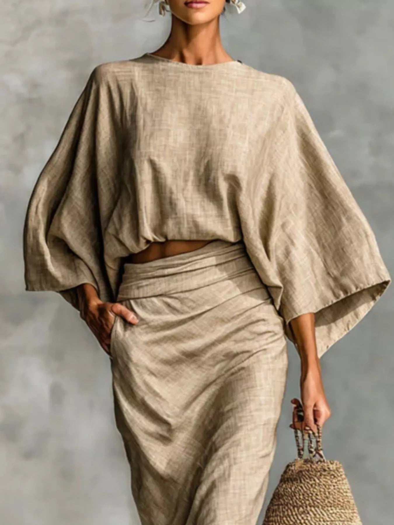 Conjunto de top de manga kimono de talla grande y falda fruncida Tallas grandes Vea la tabla de tallas en "más detalles"