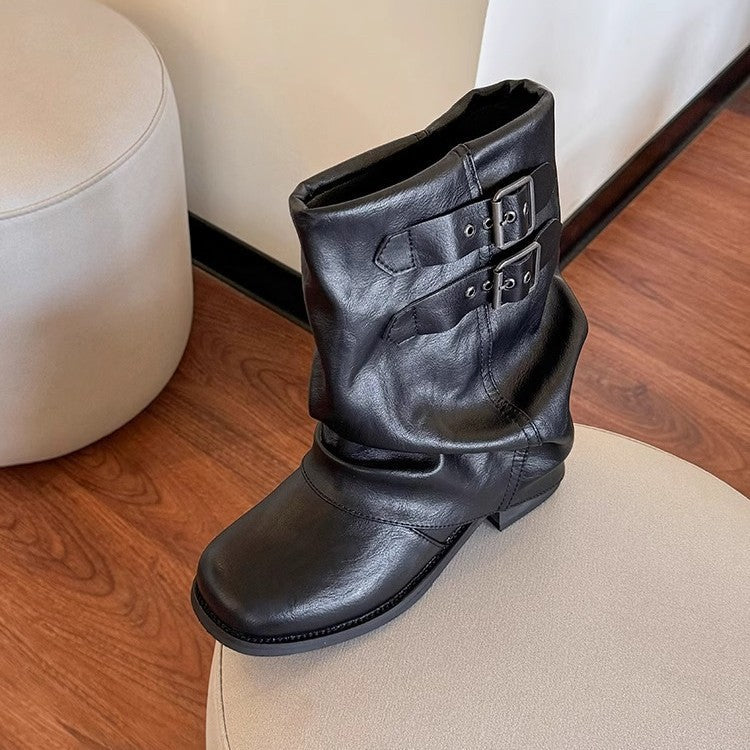 Genuine Leather Black Chunky-sole Ankle Boots