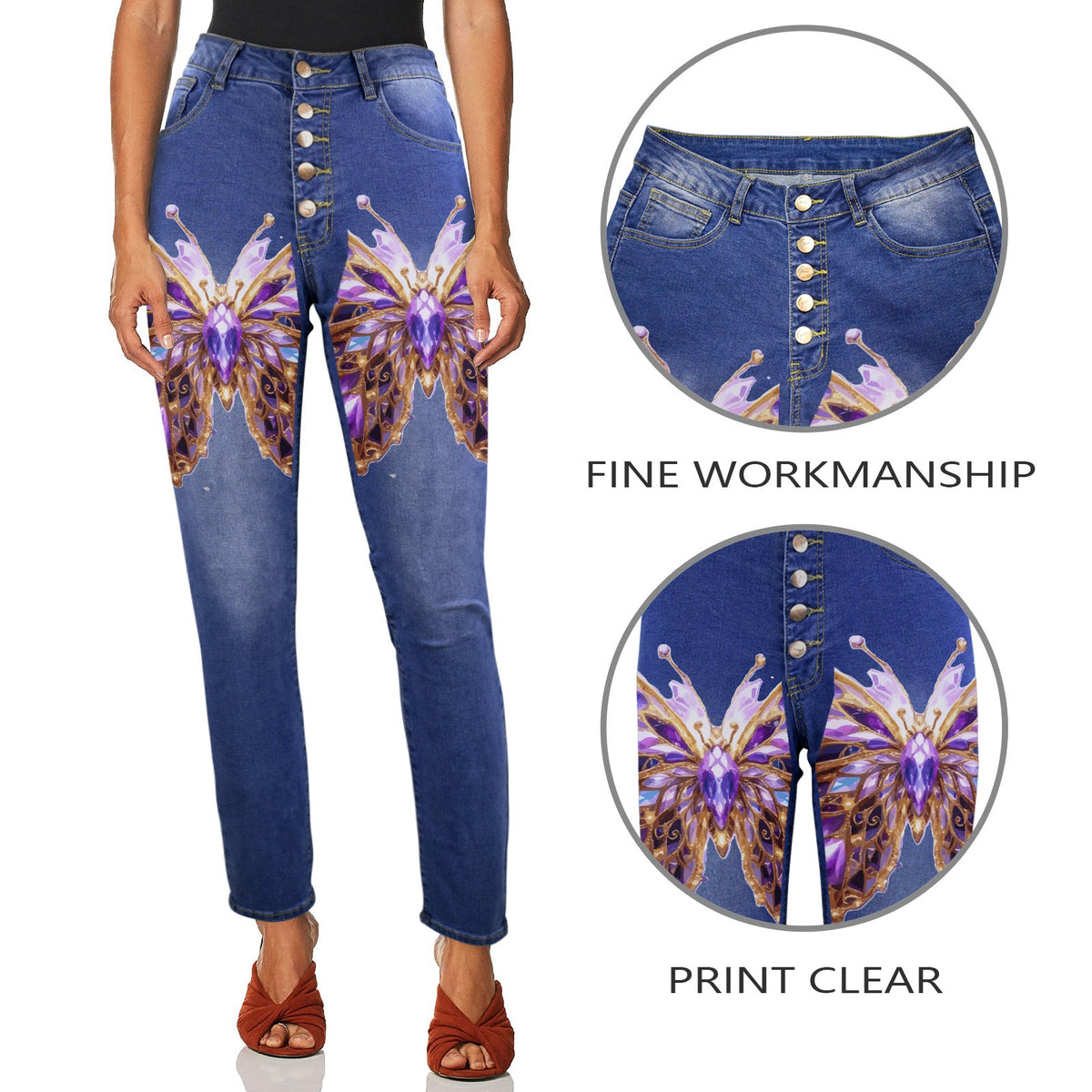 Women's Crystal Butterfly Graffiti Front Print Jeans (Made in USA)