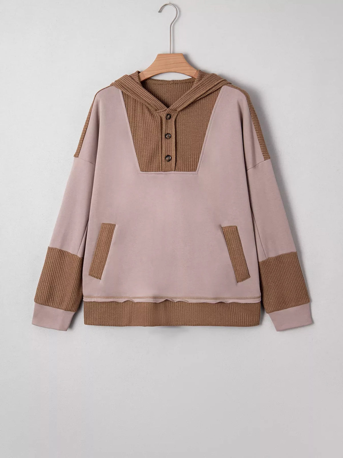 Oversize Waffle Patchwork Exposed Seam Casual Hoodie