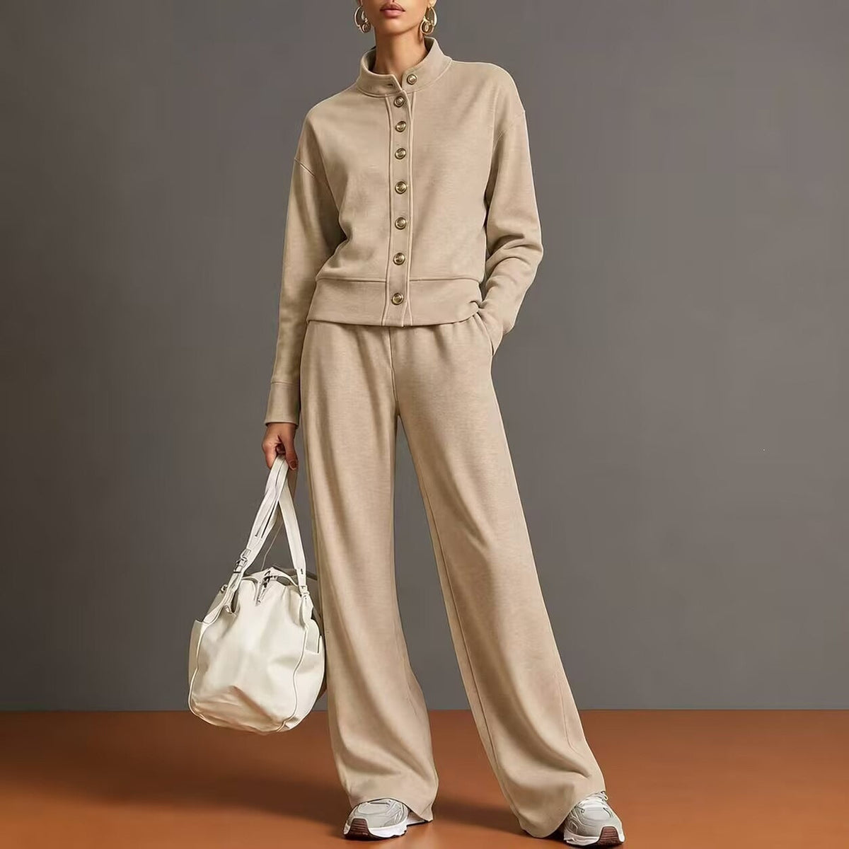 Women's Stand-Collar Button Cardigan & Wide-Leg Pants Set