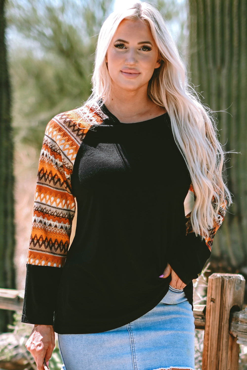 Orange Geometric Print Raglan Patchwork Long Sleeve Shirt