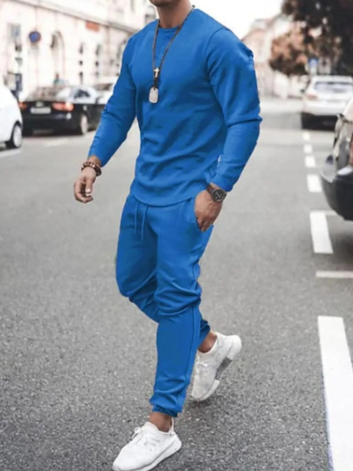 Conjunto de camiseta de manga larga con cuello redondo y pantalón para hombre, talla grande