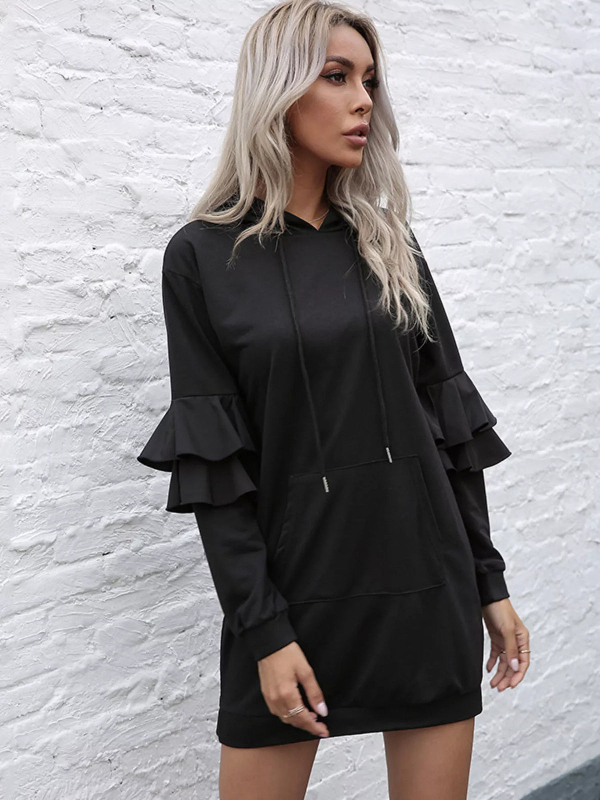 Ruffle Long Sleeve Hooded Mini Dress