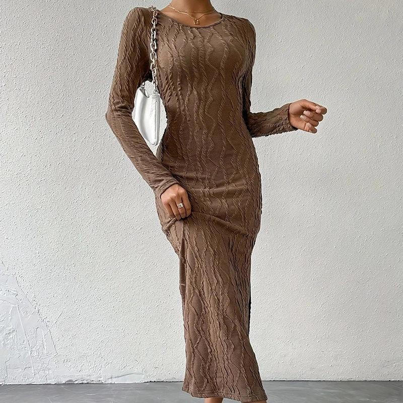 Women's Crew Neck Long Sleeve Ribbed Dress Side Slit Knit Bodycon Midi Dress