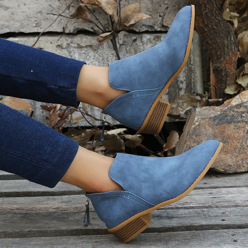 Women's Chunky Heel Zipper Back Ankle Boots