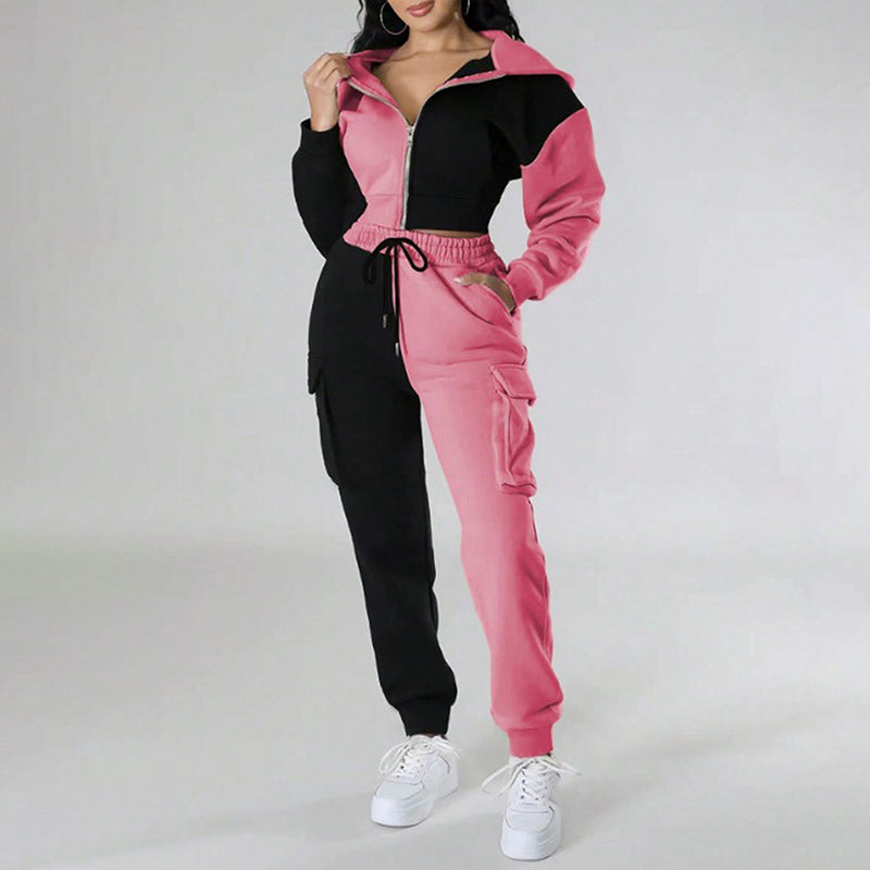 Women's Color Block 2 Piece Set, Full Zip Up Cropped Hoodie Jacket & Drawstring Cargo Pants, Casual Streetwear Outfit See size chart under “more details”